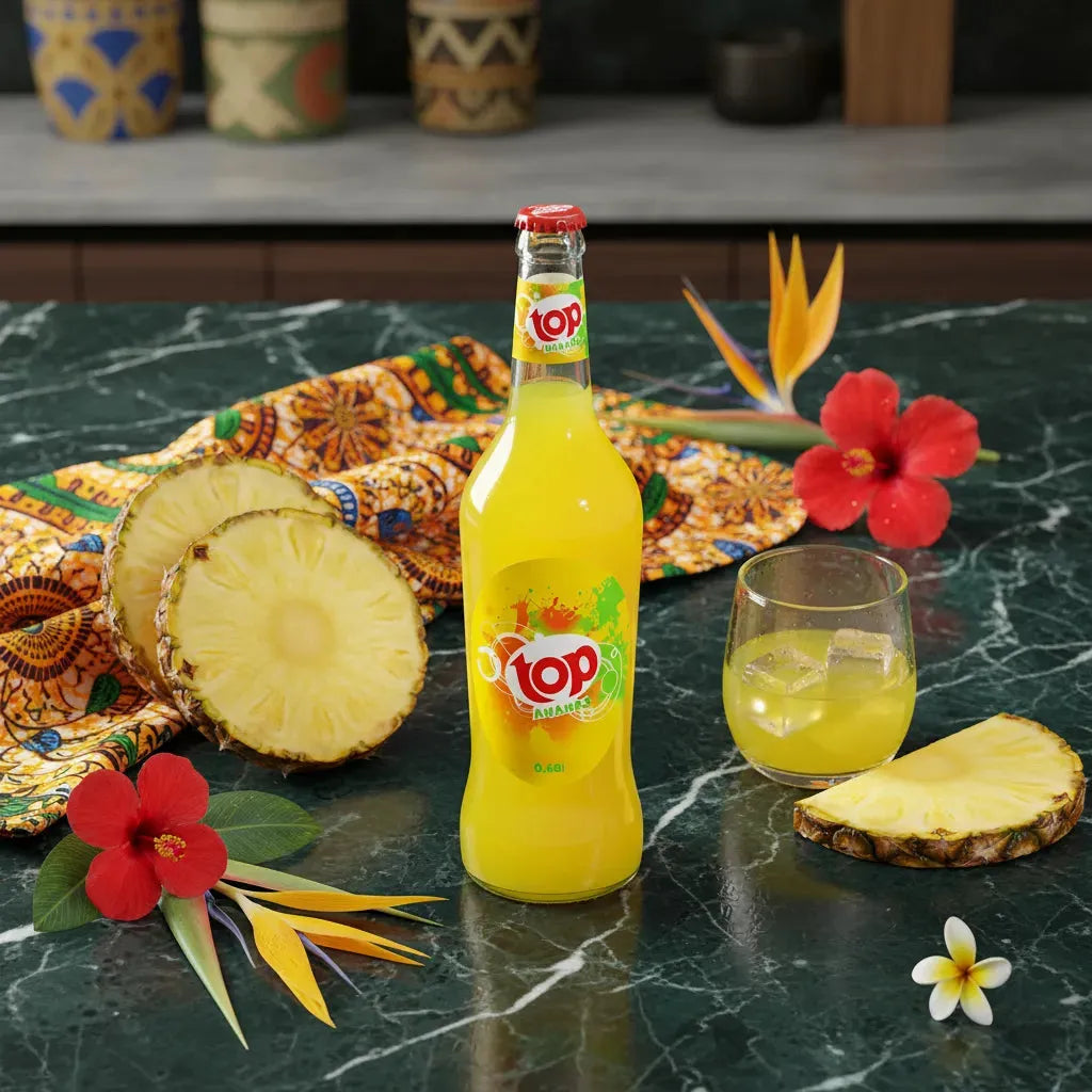 Soda ananas TOP 0,6L sur table en marbre avec ananas frais et fleurs tropicales, boisson gazeuse idéale pour l’été et les repas exotiques.